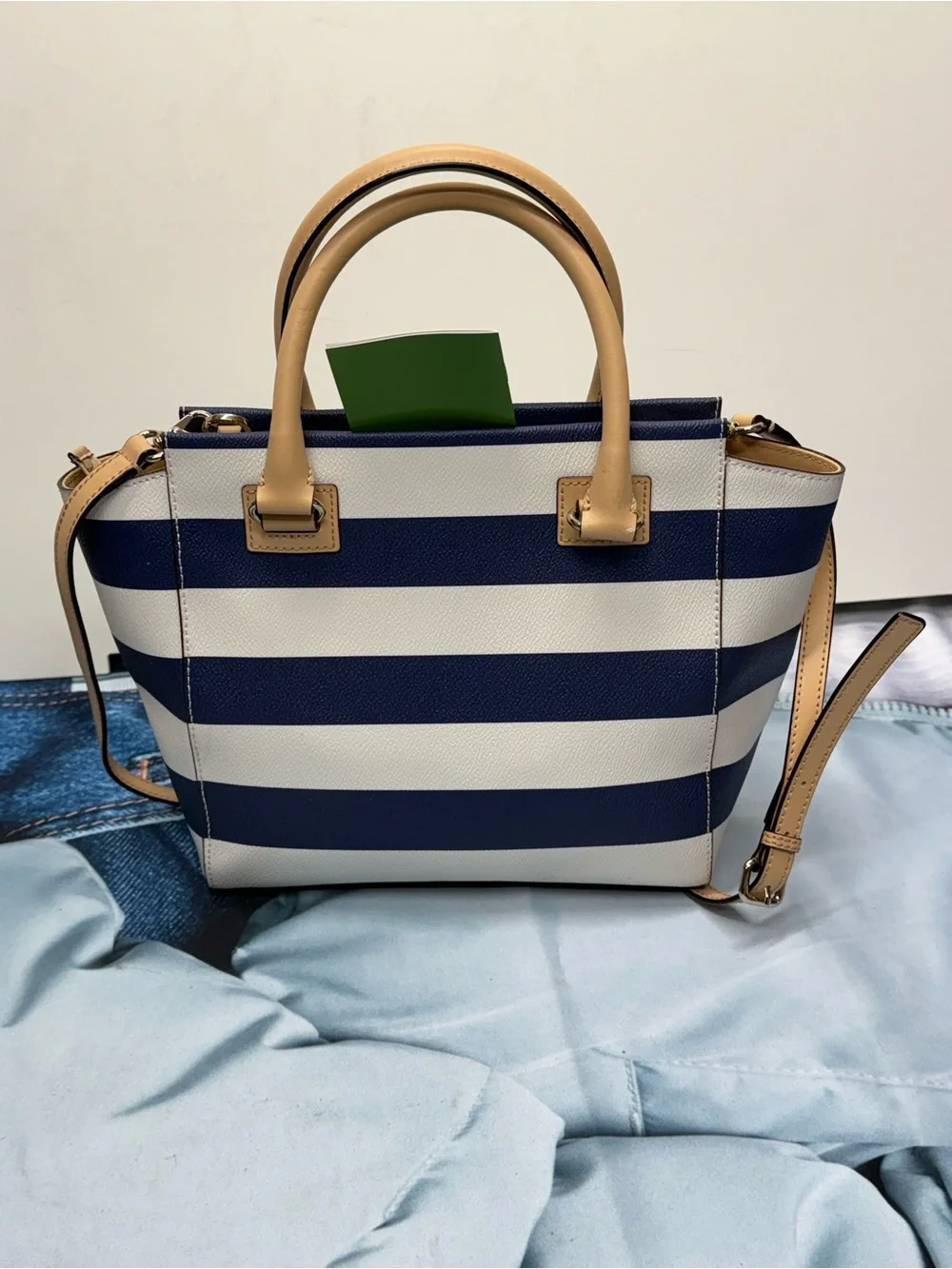 (new+card) Kate Spade Rare Leather Satchel Navy and White Striped Tan Trim